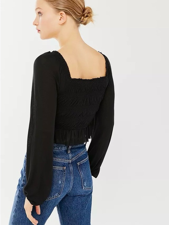 Urban Outfitters UO Shaina Ruched Smocked Ruffled Long Sleeve Crop Top in Black - Picture 2 of 5